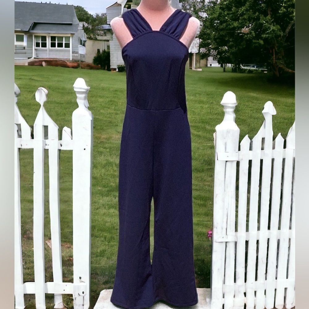 THE VANITY ROOM NWT CREPE V DETAIL JUMPSUIT INK BLUE MEDIUM CROP LENGTH